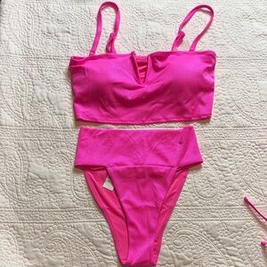 Aerie Pink Bikini Set, top large-bottom sm The front, Cheeky high thigh, V-front